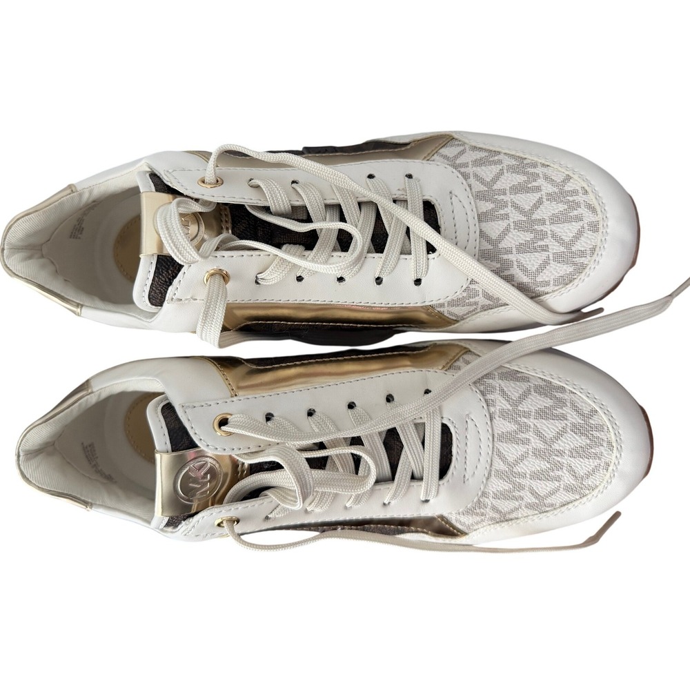 Michael Kors Maddy Mixed Media Sneakers Vanilla Gold Logo Monogram 7.5M NWOB - Picture 4 of 9